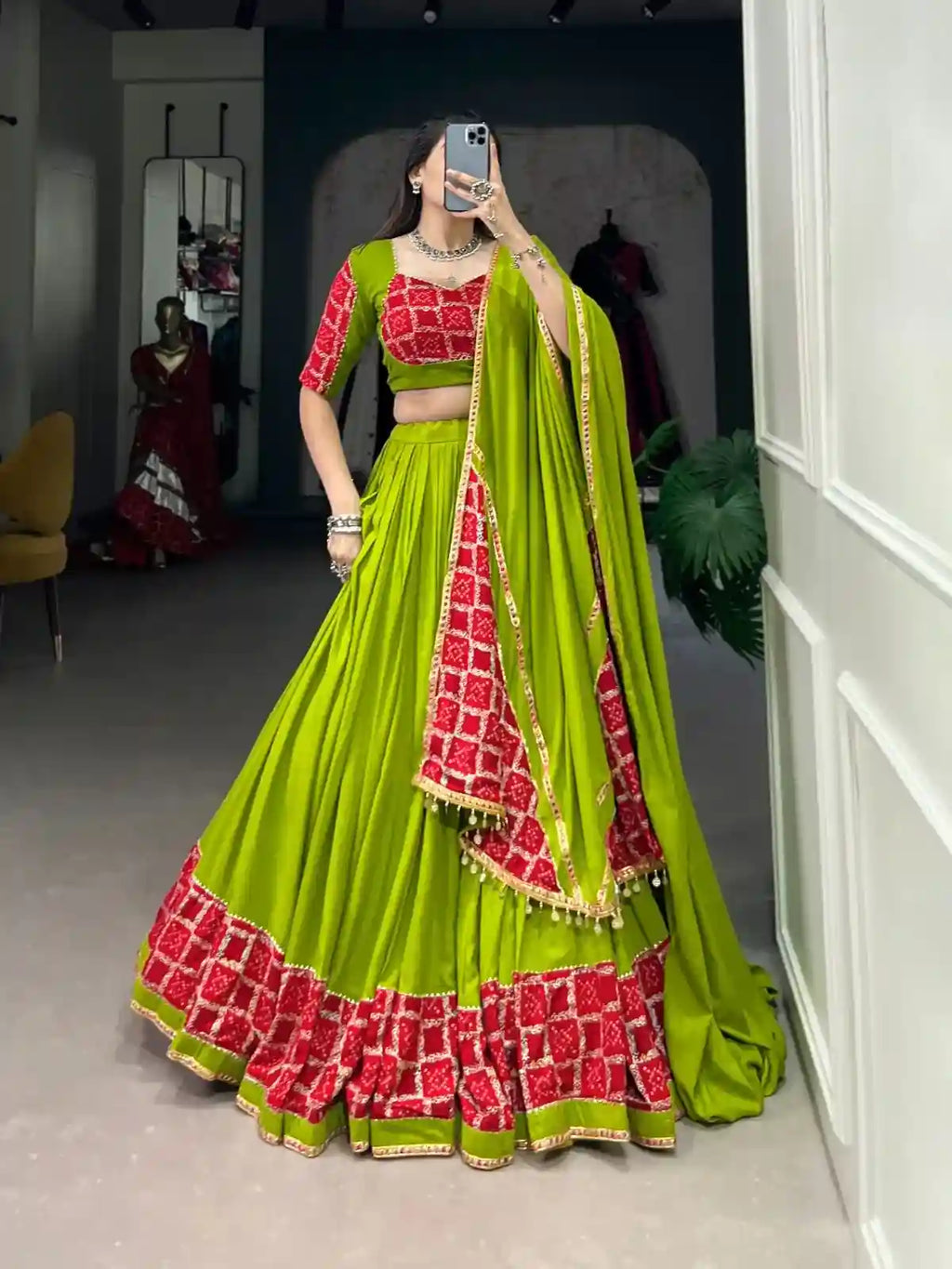 Mehendi Ruby Chaniya Choli – Vibrant Contrast, Timeless Grace