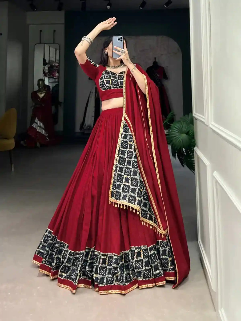 Mehendi Ruby Chaniya Choli – Vibrant Contrast, Timeless Grace