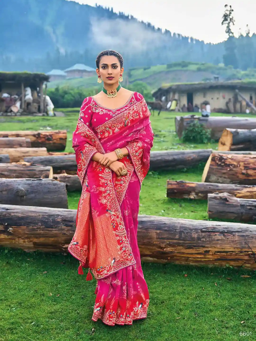 Deep Pink & Orange Zari Silk Saree