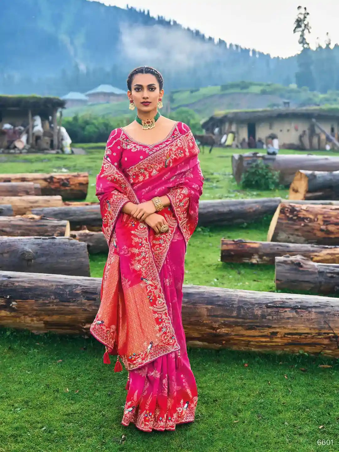 Deep Pink & Orange Zari Silk Saree